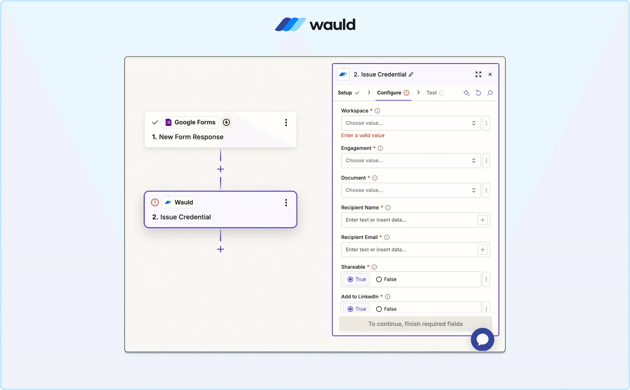 Connecting a Wauld account in Zapier to automatically issue credentials