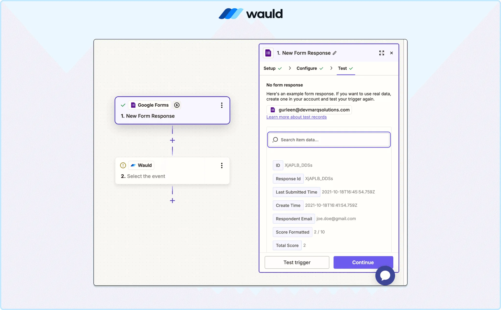Configuring and testing the Google Forms to Wauld Zap in Zapier