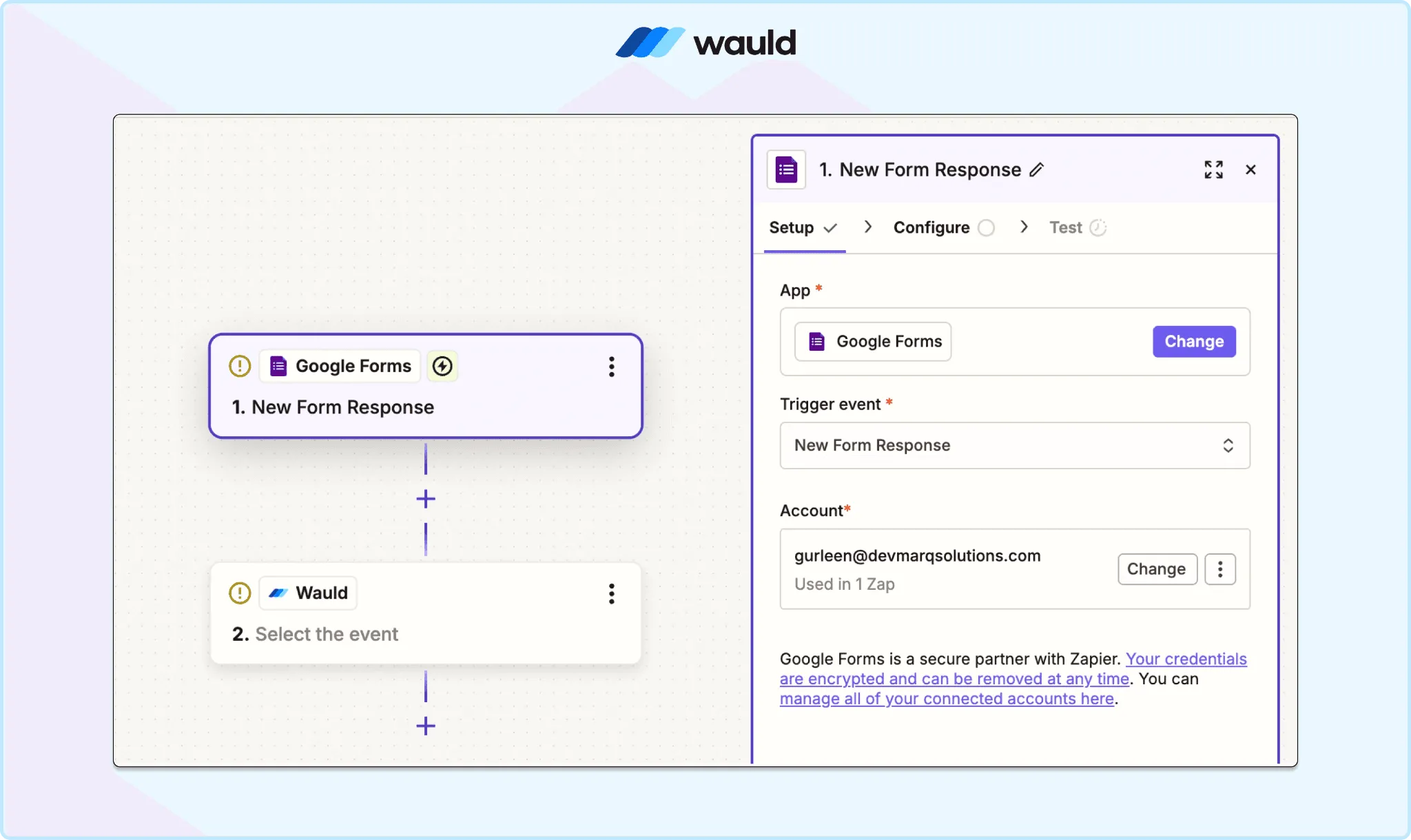 Selecting New Form Response as the Google Forms trigger in Zapier