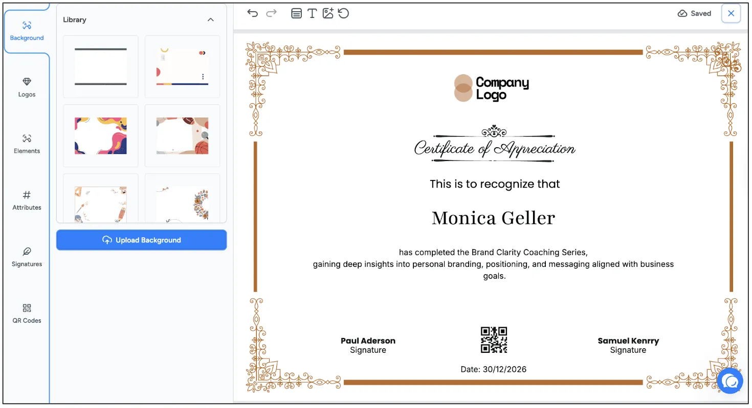 Wauld design studio editing a certificate of appreciation with logo, signature, and QR code