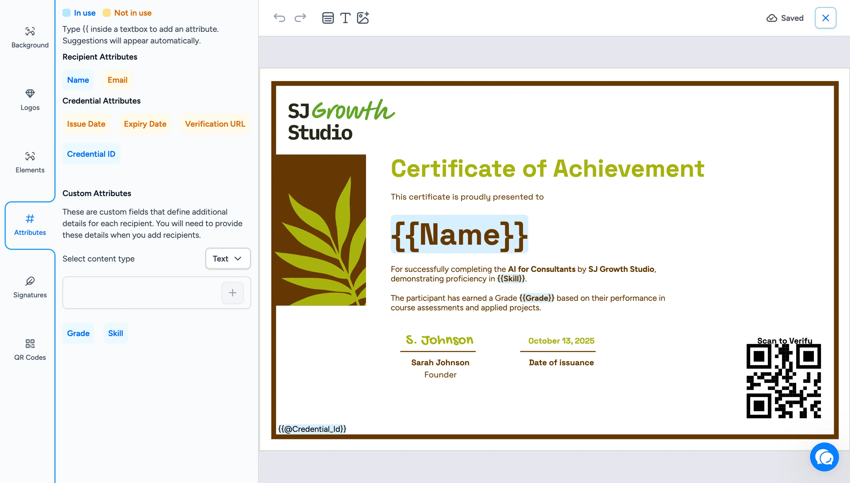 Wauld attributes panel showing recipient, credential, and custom attributes on a certificate design