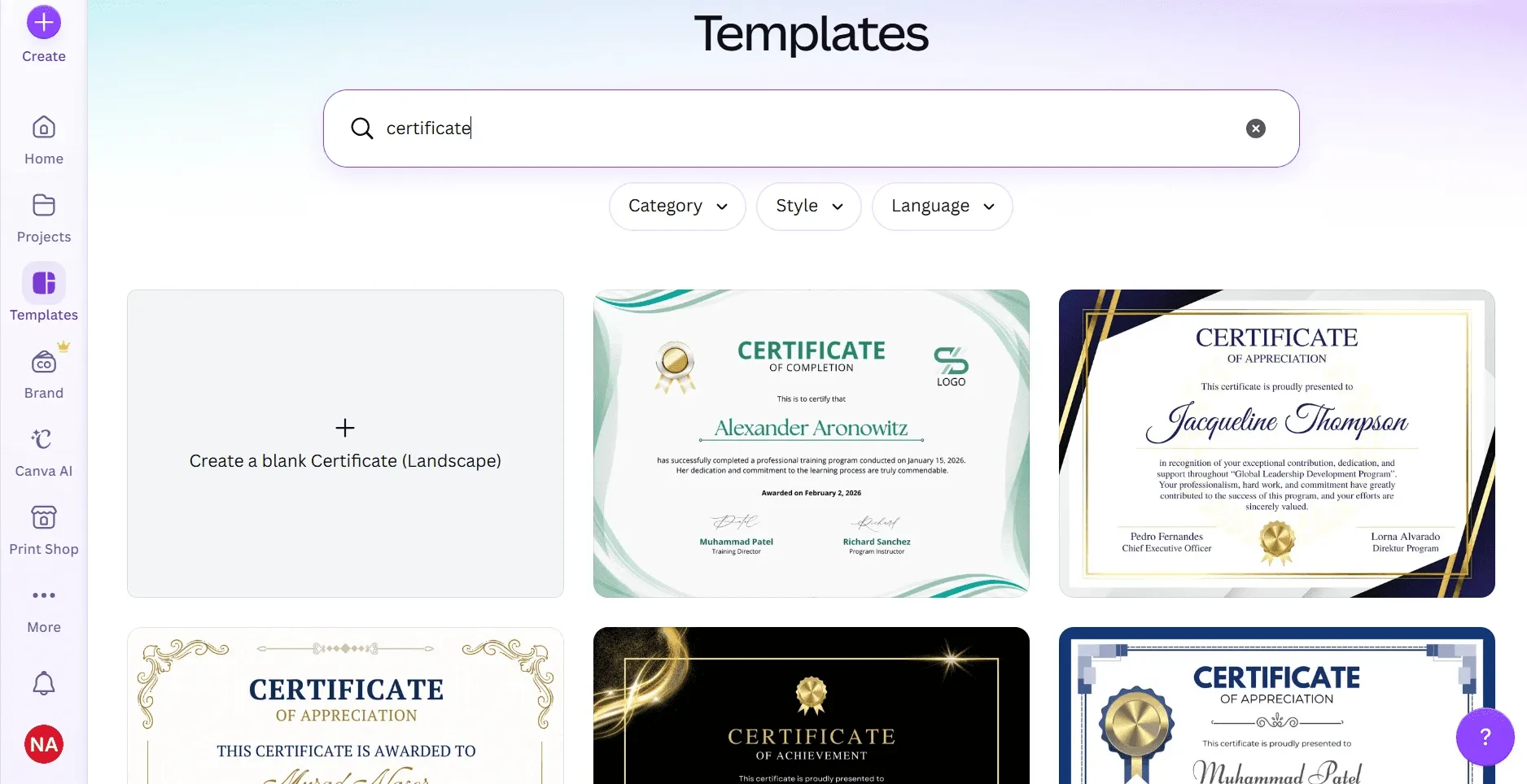 Canva templates page