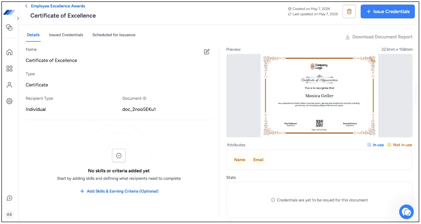 Wauld document details page showing a certificate preview, attributes, document ID, and an issue credentials button