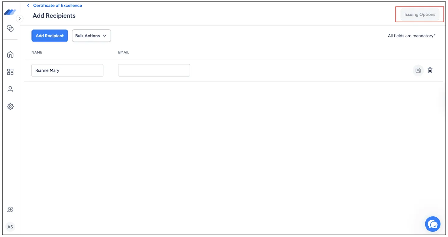 Wauld add recipients screen with a recipient row and a bulk actions option for CSV upload