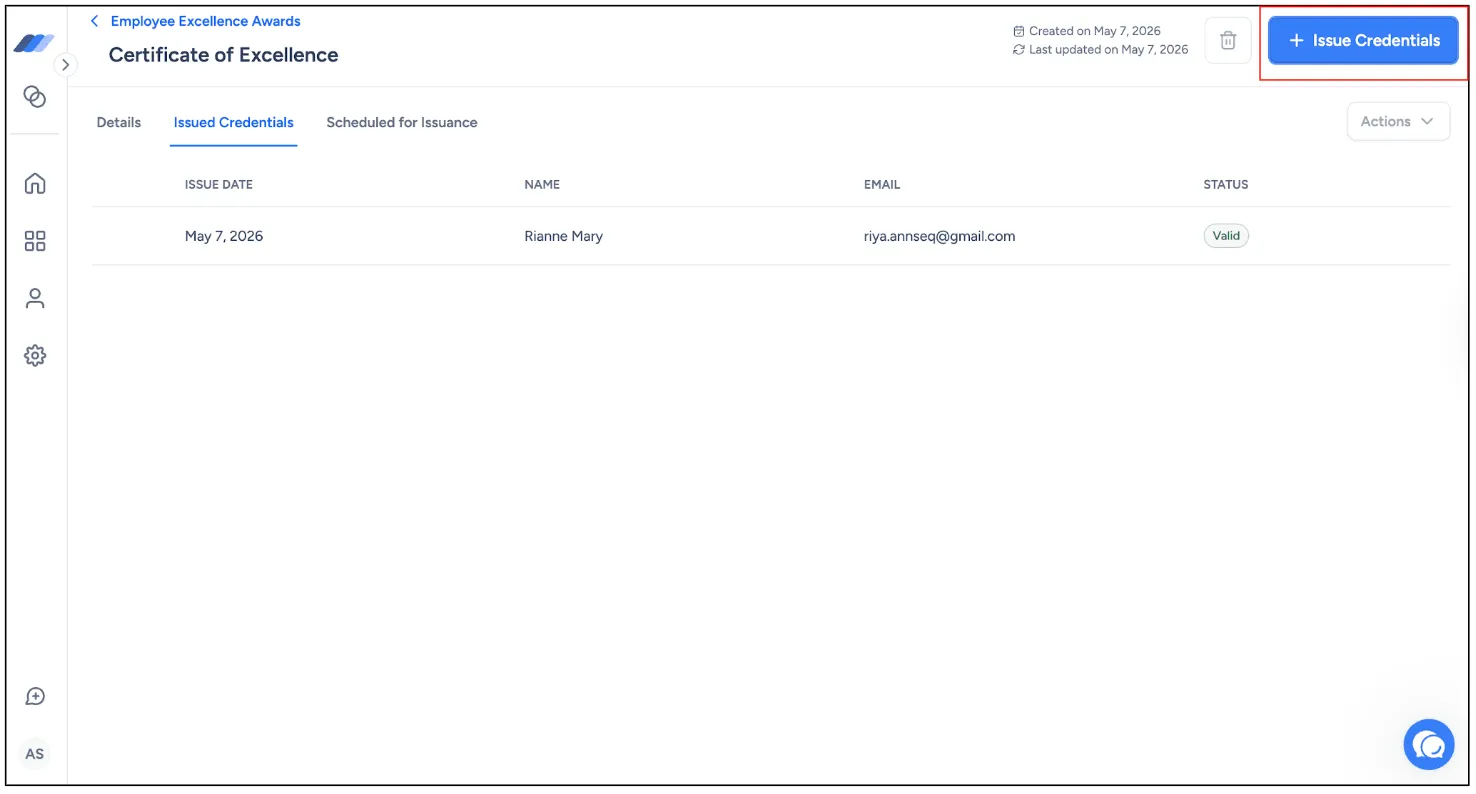 Wauld issued credentials list showing a recipient with a valid status and issue date