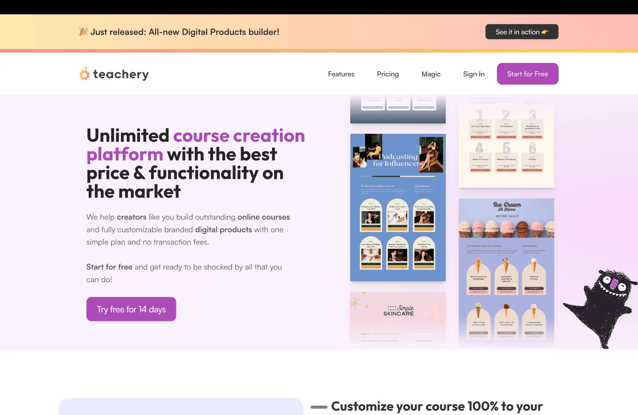 Teachery homepage showcasing its course creation platform, featuring a hero section with platform benefits, a free trial call-to-action, and examples of customizable course and digital product templates.