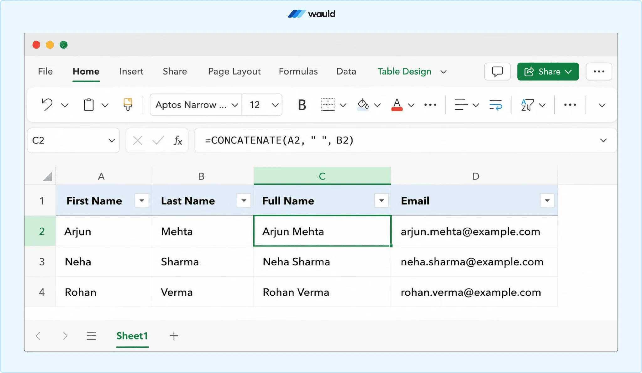Screenshot of an Excel worksheet using the CONCATENATE function to combine first and last names into a Full Name column. The formula =CONCATENATE(A2," ",B2) is shown in the formula bar, with the merged result displayed for sample records. The Wauld logo appears at the top of the image.