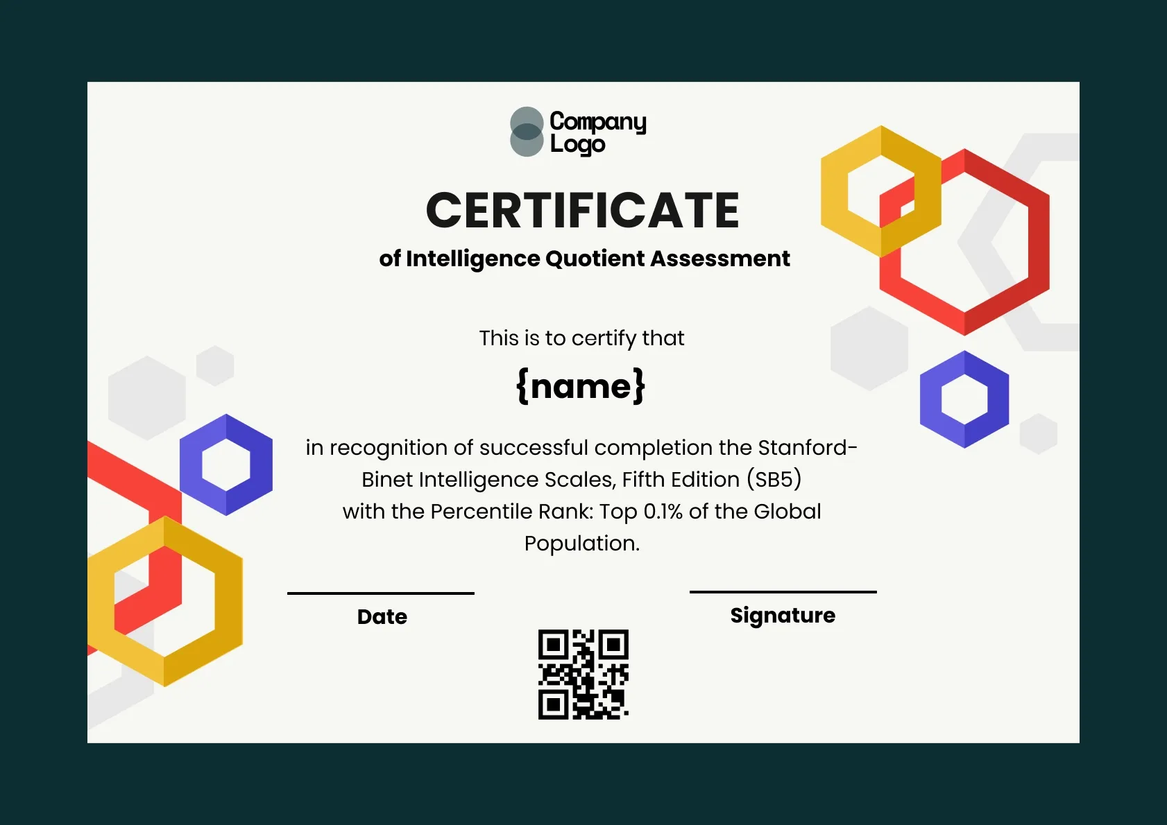 Verified Intelligence Assessment Certificate Template