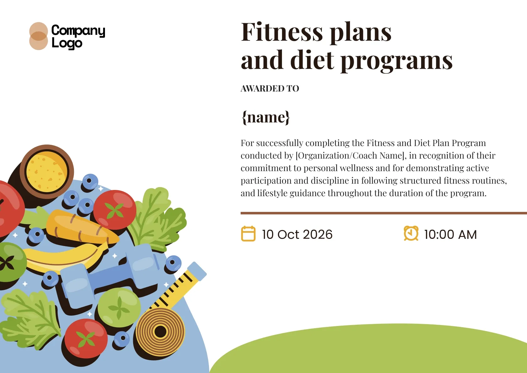 Vibrant and animated diet plan certificate template