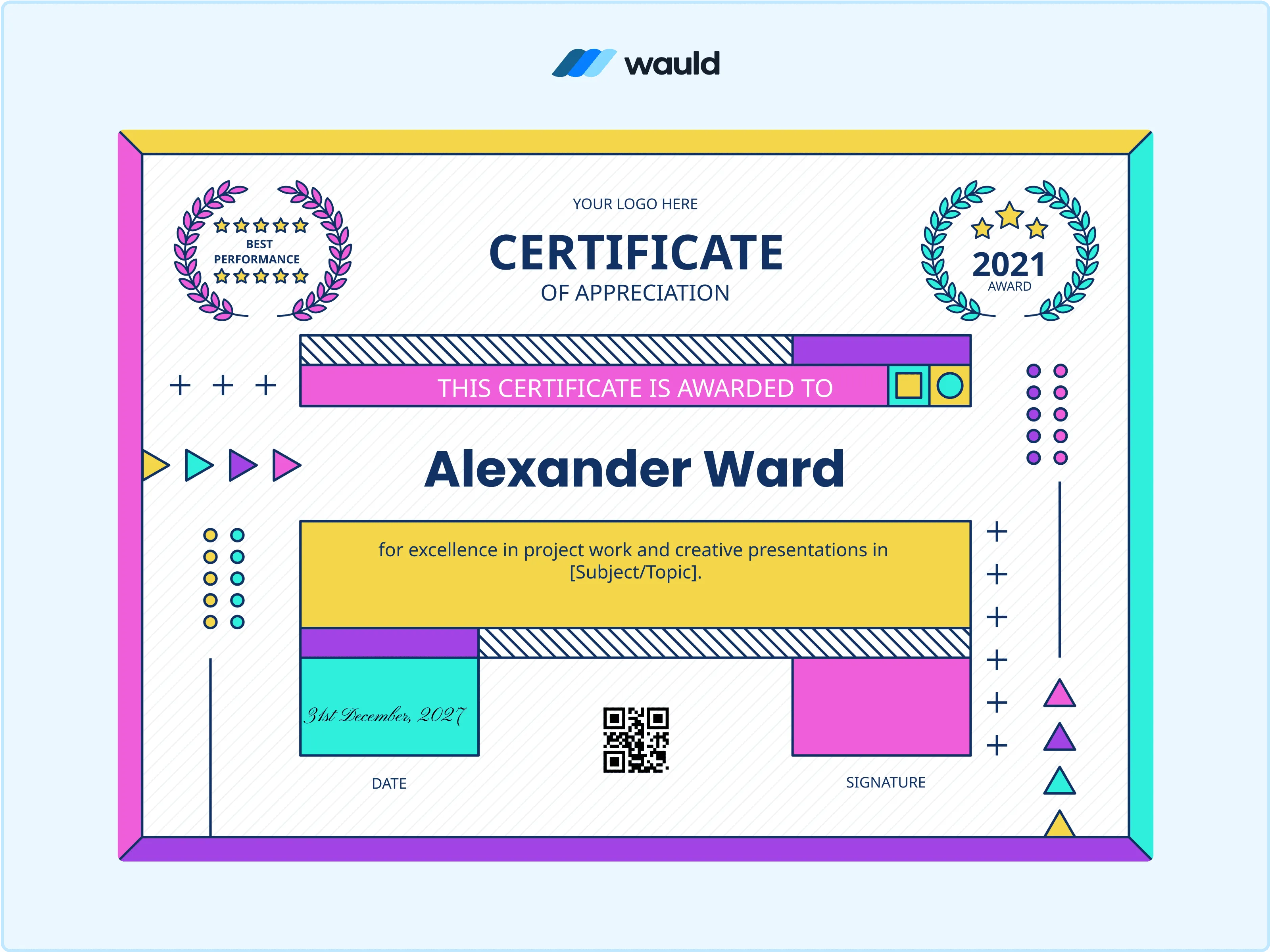 Wauld - Vibrant and energetic school certificate template 