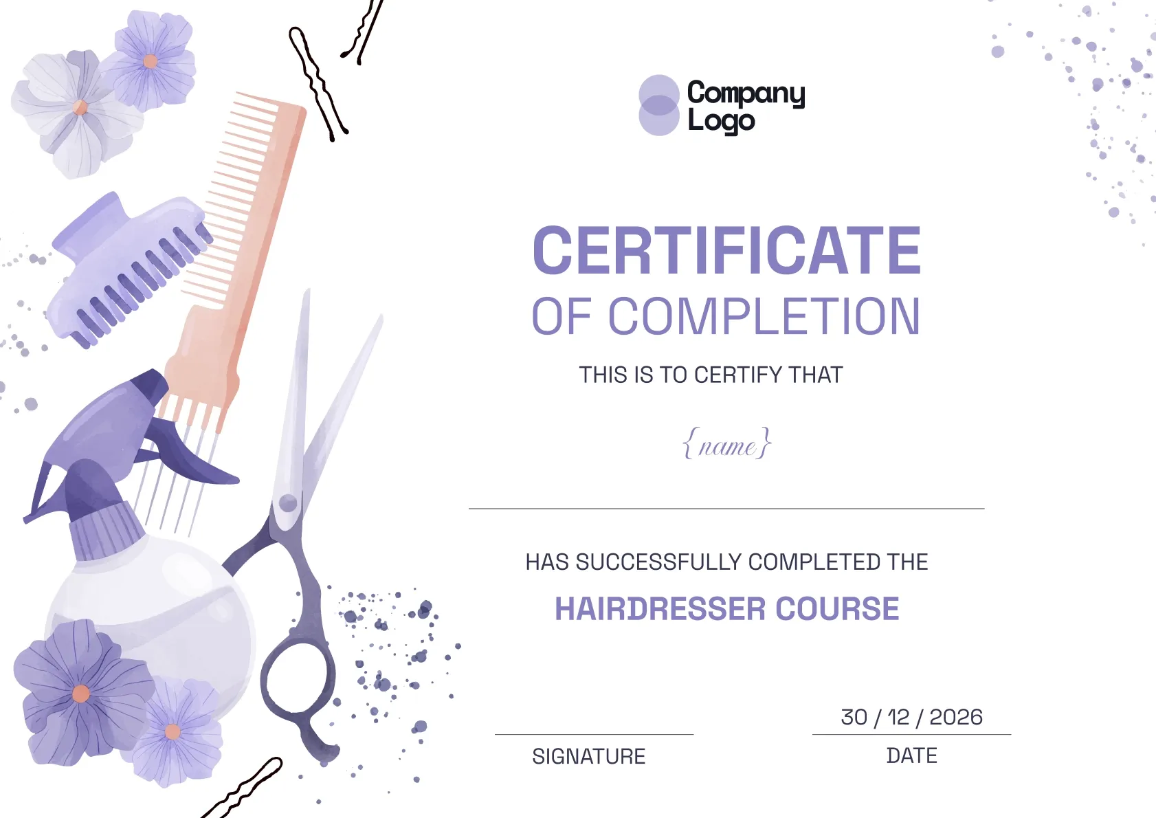 Vivid and illustrated hairdresser course completion certificate template
