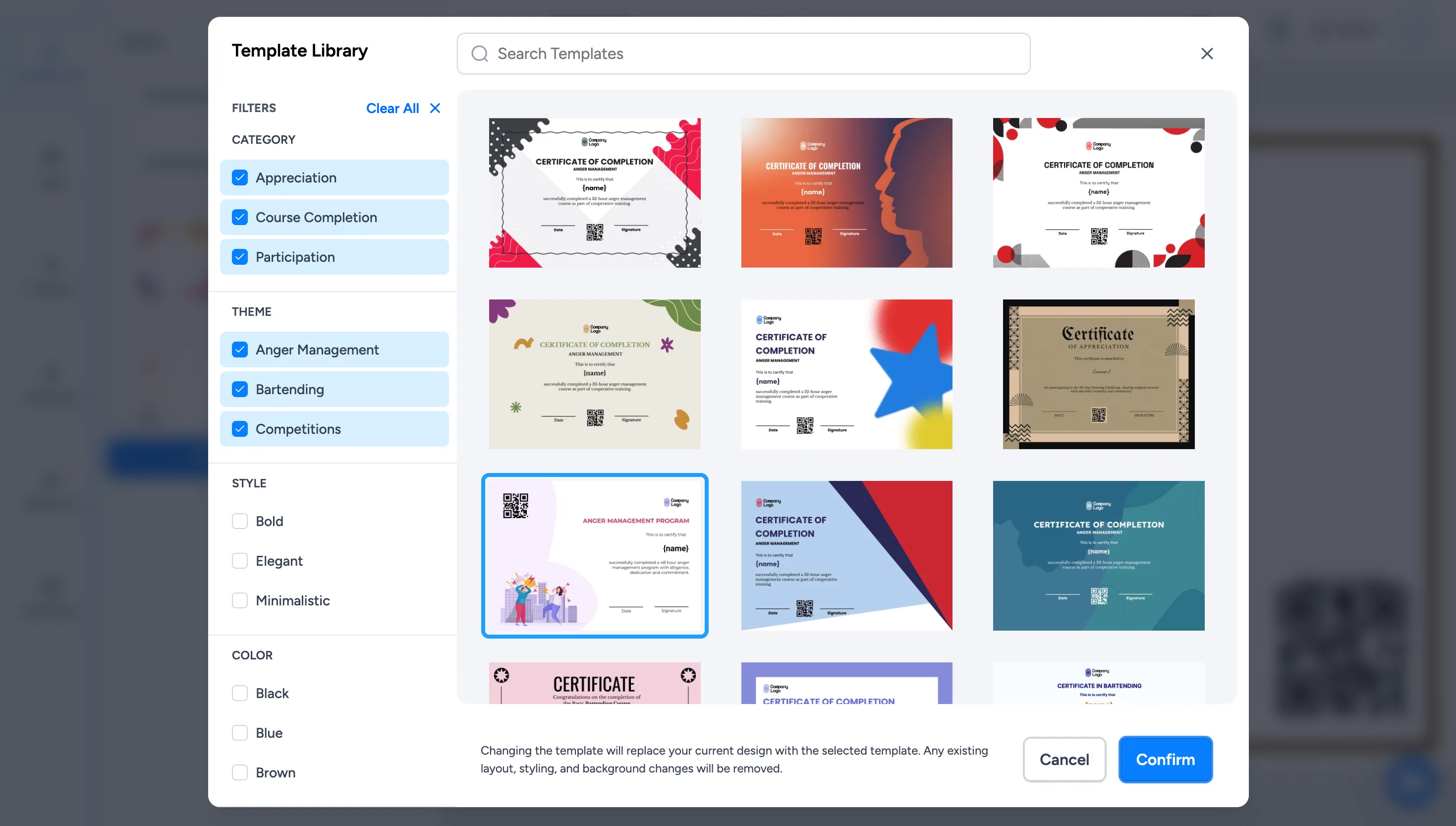 The Wauld template library with category, theme, style, and color filters alongside a grid of course completion certificate designs