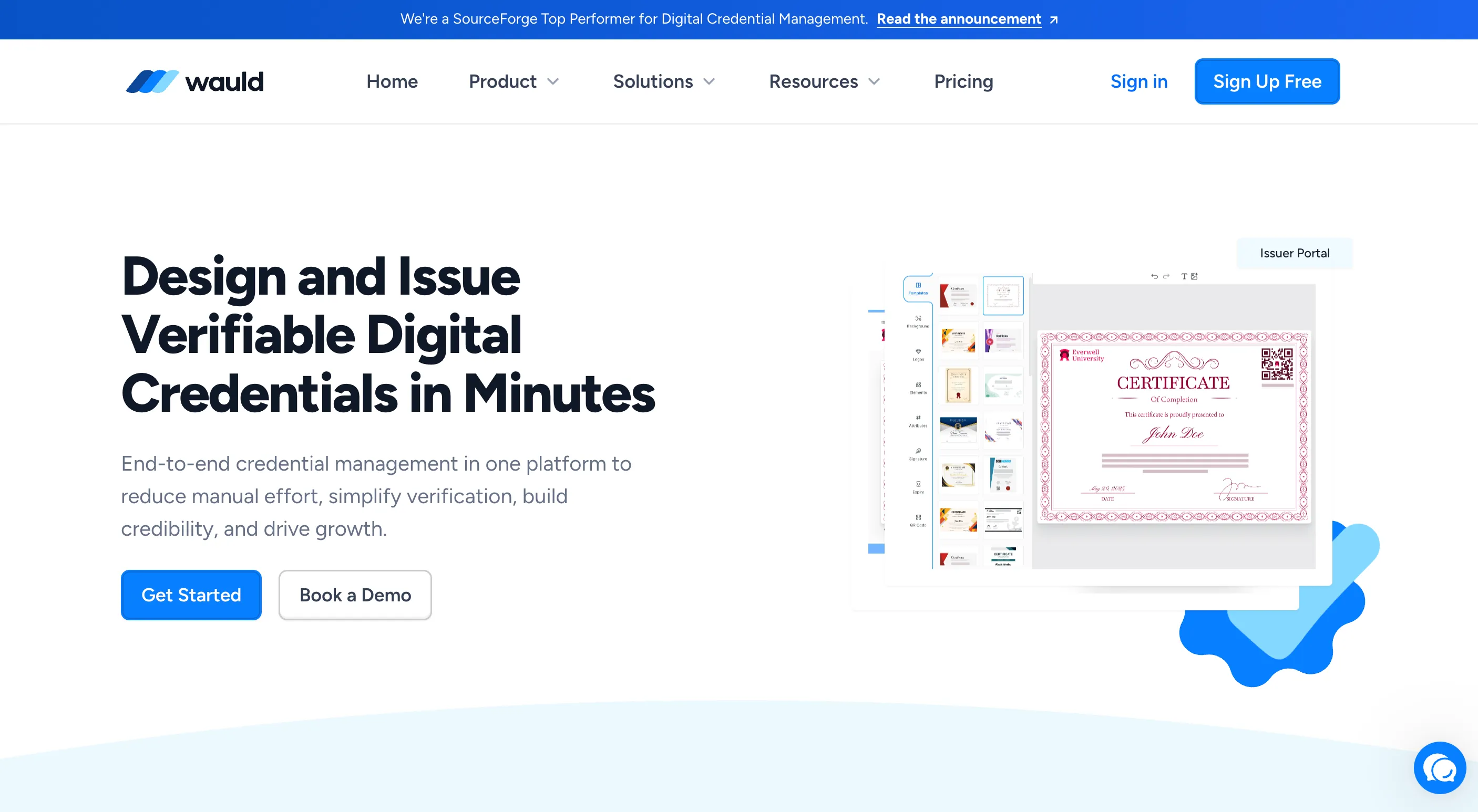 The Wauld homepage with the headline Design and Issue Verifiable Digital Credentials in Minutes, showing the certificate design studio