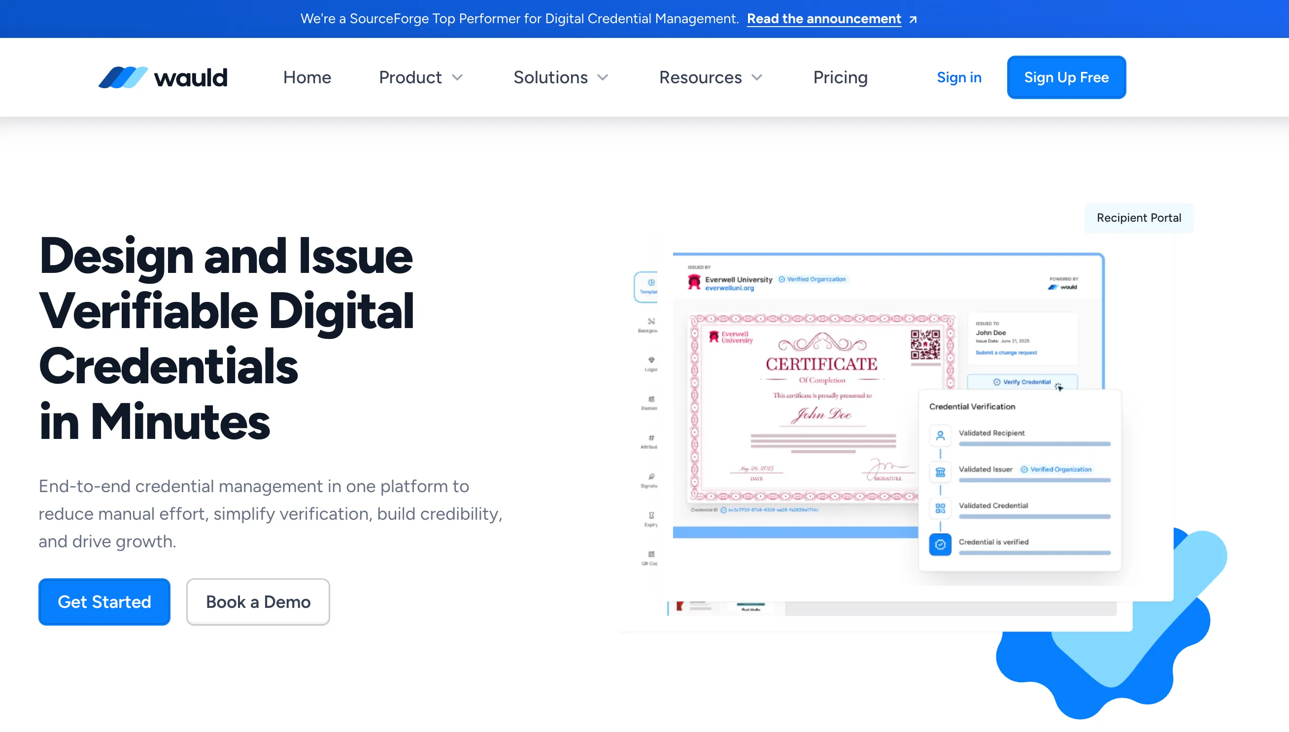 Wauld homepage headlined Design and Issue Verifiable Digital Credentials in Minutes, showing a certificate and its verification panel