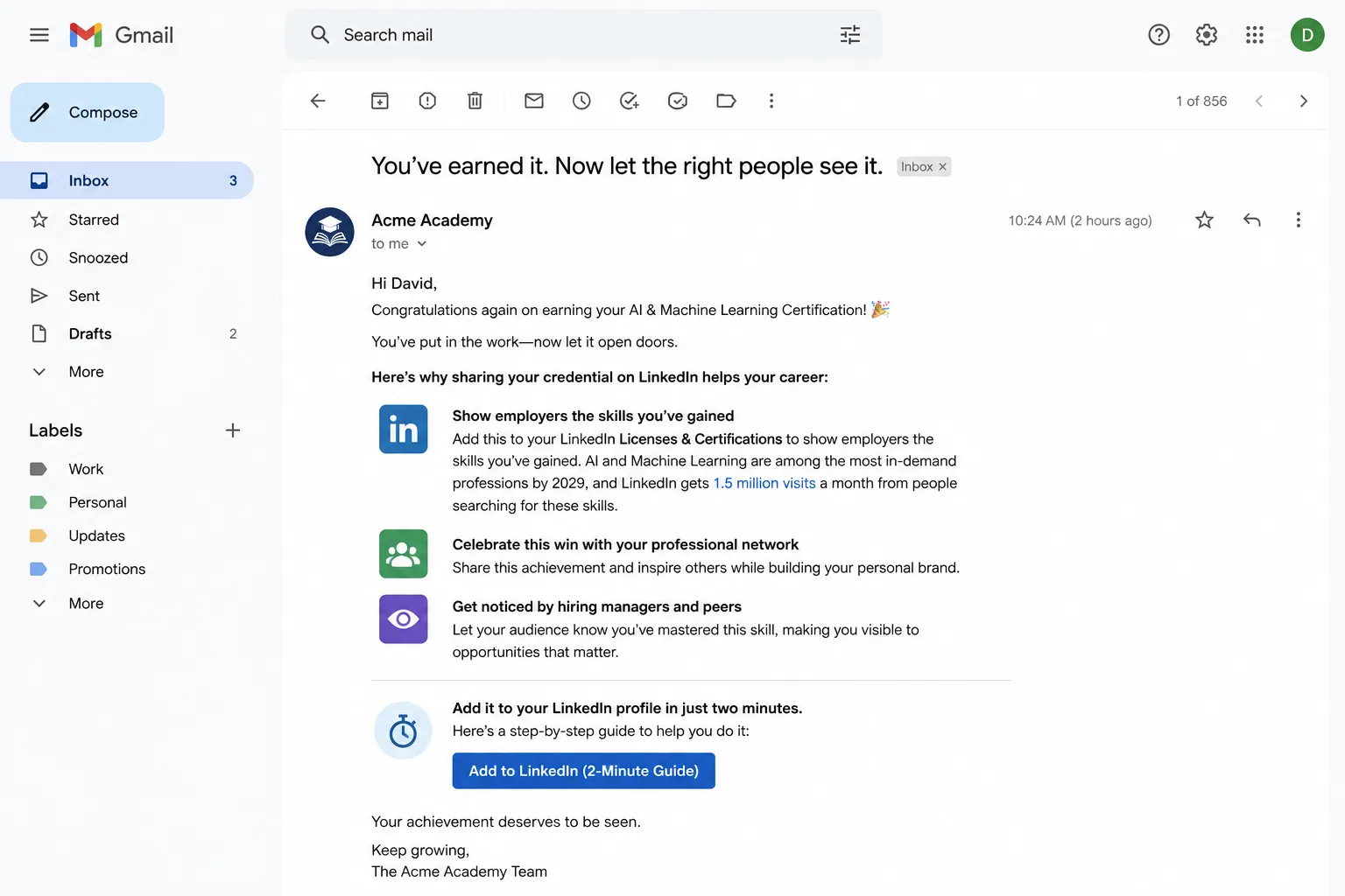 Email explaining why sharing your credential on LinkedIn helps your career with three key benefits